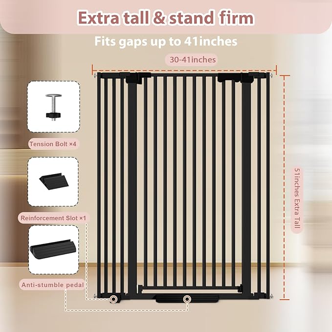 51'' Extra Tall Cat Gate Barrier for Doorways Hallways, Pressure Mounted Pet Dog Gates Ajustable Auto Close, Cat Fence Indoor Climb Proof 30-41'' Wide (Black)
