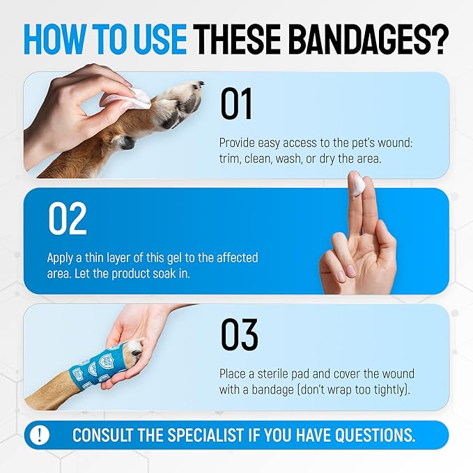 SILVER GRADE Set of 6 Elastic Self-Adhesive Bandages – Cat & Dog Bandages for Wounds from Natural Rubber Latex – Breathable Dog Paw Bandage for All Breeds Care – 2-inch Rolls
