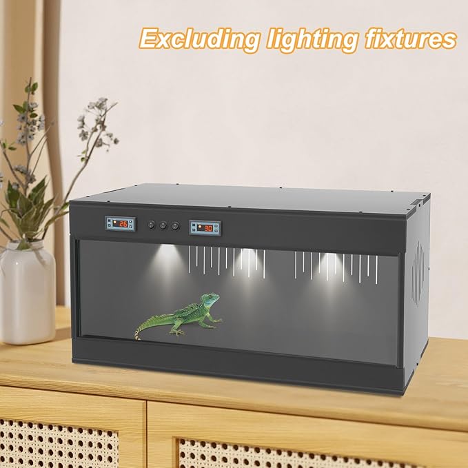 Reptile Breeding Box, Dual-Zone Temperature Controlled Terrarium Precision Thermostat Large PVC Glass Habitat with 3 E27 Lighting Heating Enclosure for Reptile Incubation Daily Feeding Display (Black)