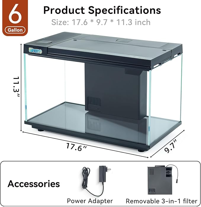 17.6x9.7x11.3 in Fish Tank Kit Complete with Real-Time Temp Display, 3-Speed Water Pump, Smart Storage, Flexible Filter & 6 Color Lights Ideal Aquarium for Betta Fish & Goldfish