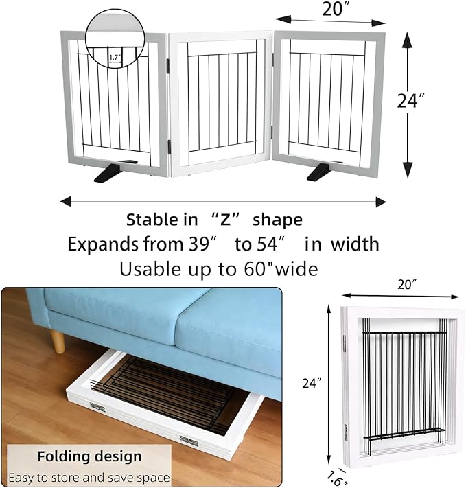 ZJSF Freestanding Dog Gate Indoor, Foldable Dog Fence for Doorways,Hallways or Stairs, Sturdy Wood Extra Wide Pet Gate with Support Feet,White,24 "Height-3 Panels