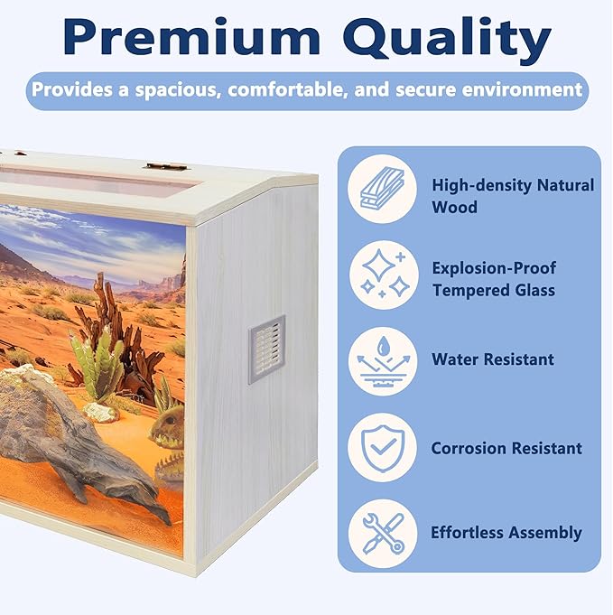 PROLEE Bearded Dragon Tank,Wooden Reptile Tank and Lizard Tank,Tempered Glass Large Bearded Dragon Enclosure with Built-in Lamp Fixture (32X16X16inch,34 Gallons)