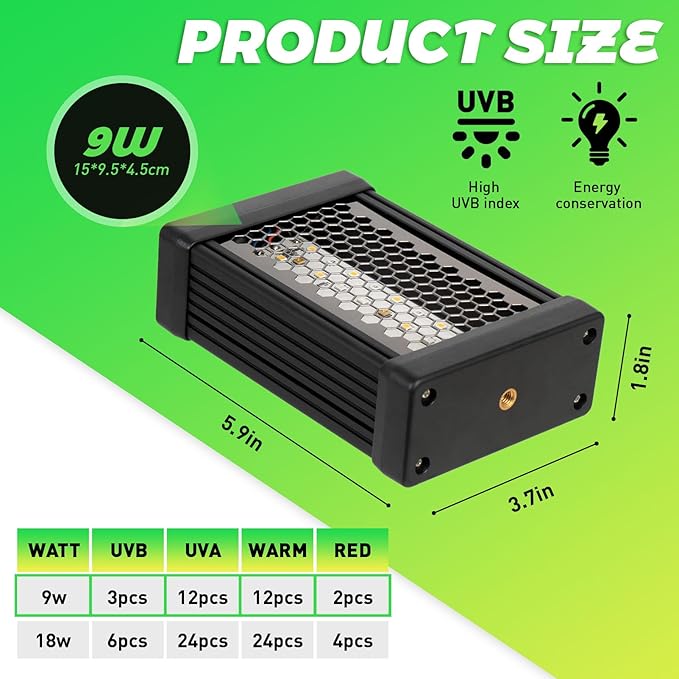 HNRLOY UVB Reptile Light, 9W UVA UVB Dimmable LED Reptile Lamp for Bearded Dragon, Chameleon, Turtles, Gecko, Snake, Lizard, Adjustable 6/10/12H Timer, Dimmable with 3 Lighting Modes