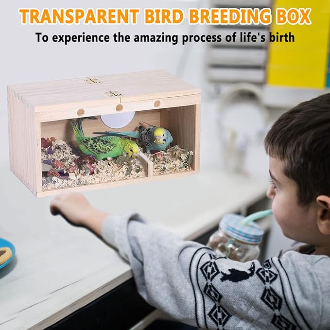 kathson Transparent Parakeet Nesting Box Parakeet Breeding Box Bird Nest with Perch Wooden Acrylic Bird House for Cage Nest for Parrot Lovebirds Cockatiel Conure Budgie and Other Small Medium Birds(L)