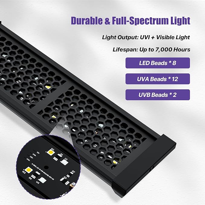 8.5" Aluminum UVB 10.0 LED Reptile Light Bar with Timer & Dimmer, Ultra-Slim Metal UVB/UVA Lamp for Terrariums – Even Light Output, Long Lifespan, Ideal for Bearded Dragons, Turtles & Lizards