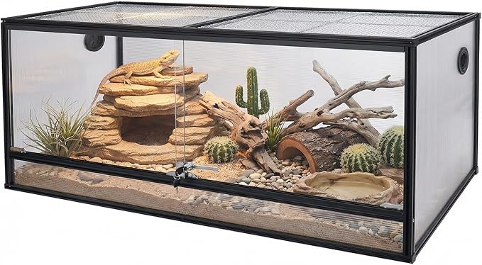 83 Gallon Bearded Dragon Tank 48x20x20in, Insulated Reptile Enclosure with Hollow Sunlight Panels, Aluminum Frame, Locking Sliding Glass Doors & Mesh Screen Top