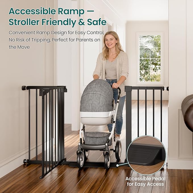 Cumbor 30-54" Extra Wide Baby Gate for Stairs, Dual Lock & Self-Closing Dog Gate Indoor, Easy Install Pet Gate for Doorways, Hallways & Kitchen, Easy Walk Thru Safety Proofing for Babies & Pets, Black