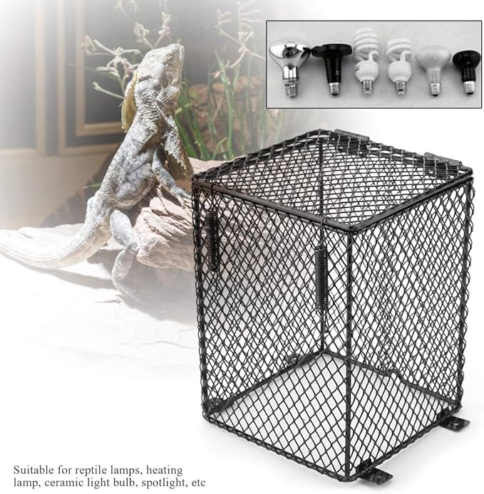 Reptile Lamp Cover, Iron Material, 6 Inch Height, Screws, Day Night Heating Ceramic Bulb, Cylinder Shape, for Reptile Lamps, with Pet Anti Scald Mesh (Rectangular)