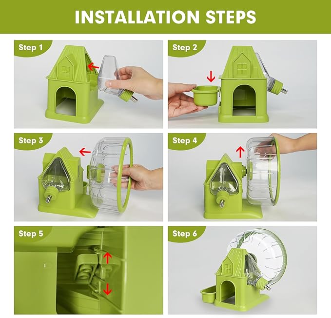 Hamster Toys 4 in 1 Multifunctional Super-Silent Exercise Toys Spinner Wheels with Water Bottle Food Container and Hideout Base Large Spinning Running Wheel for Rat Gerbils Mice (L,Green)