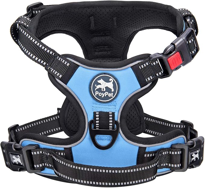PoyPet No Pull Dog Harness, No Choke Front Clip Dog Reflective Harness, Adjustable Soft Padded Pet Vest with Easy Control Handle for Small to Large Dogs(Light Blue,M)
