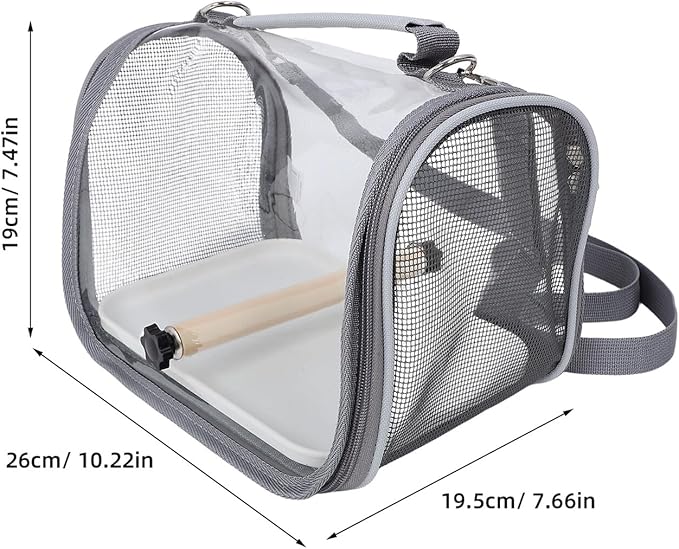 Kisangel Portable Parrot Travel Cage Carrier with Wooden Perch, Small Grey Lightweight Bird Carrier for Small Birds, Conures, and Lizards, Compact Pet Bird Travel Case for Outdoor