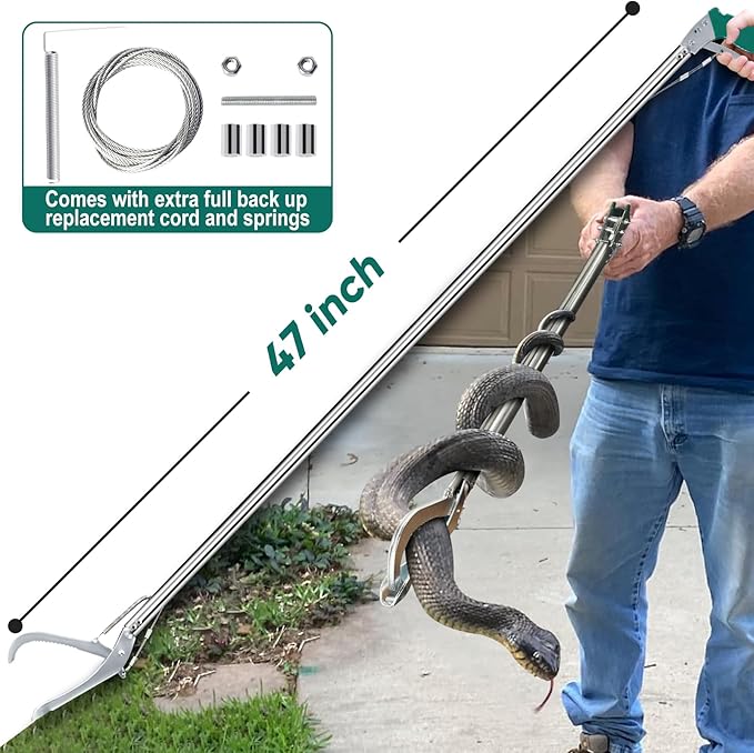 Snake Grabber Tool with Lock, 47" Professional Snake Tongs Stick Heavy Duty Reptile Snake Catcher Grabber Stainless Steel Snake Pole Wide Jaw Handling Tool with a Protective Structures for Snakes