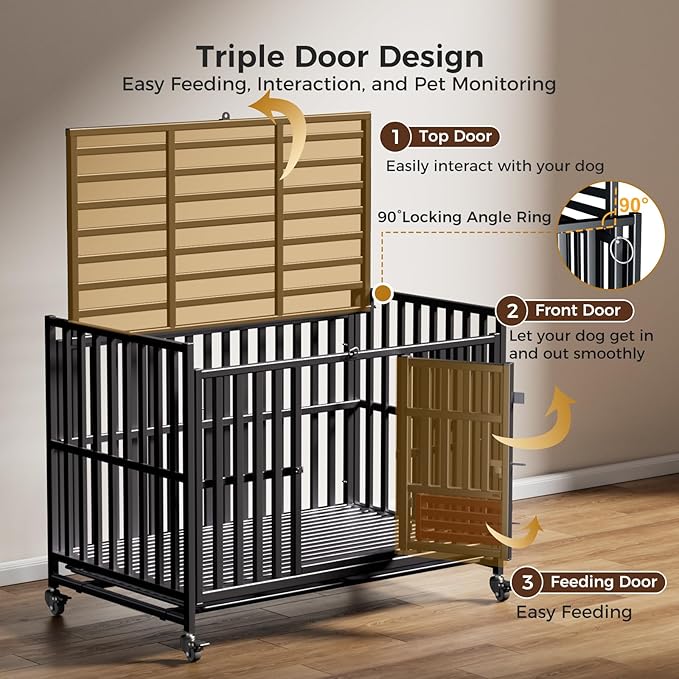 Heavy Duty Dog Crate, Escape-Proof Indestructible Cage for High-Anxiety Dogs, 3-Door Kennel with 4 Lockable Wheels and 2 Removable Trays Ideal for Large & Medium Breeds (49in)