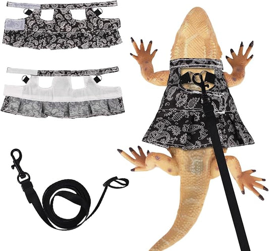 Bearded Dragon Harness and Leash Skirts Set Adjustable Reptile Lizard Leash Rope Dresses Clothes Starter Kit Accessories for Small Animal Outdoor Walking Training (Black)