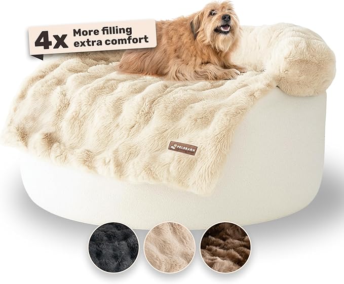 Pelsbarn Dog Bed for Couch, Luxurious Sofa Bed for Dogs with Non-Slip Oxford Bottom - Faux Rabbit Fur with Removable Cover, Large, Beige - 33x33 in