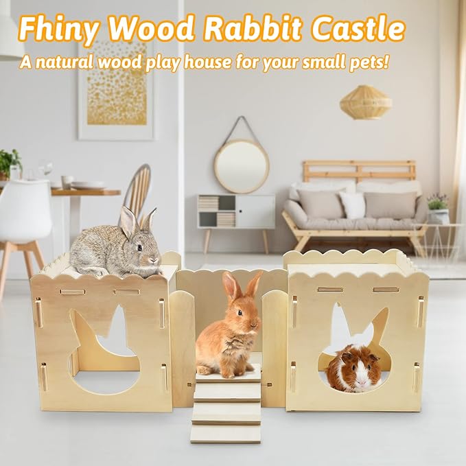 Fhiny Wooden Rabbit Castle, Small Animals Large Tunnel with Bridge Detachable Bunny Fort Hideout Rest and Playhouse with Windows for Rabbits Guinea Pigs Chinchilas Kittens