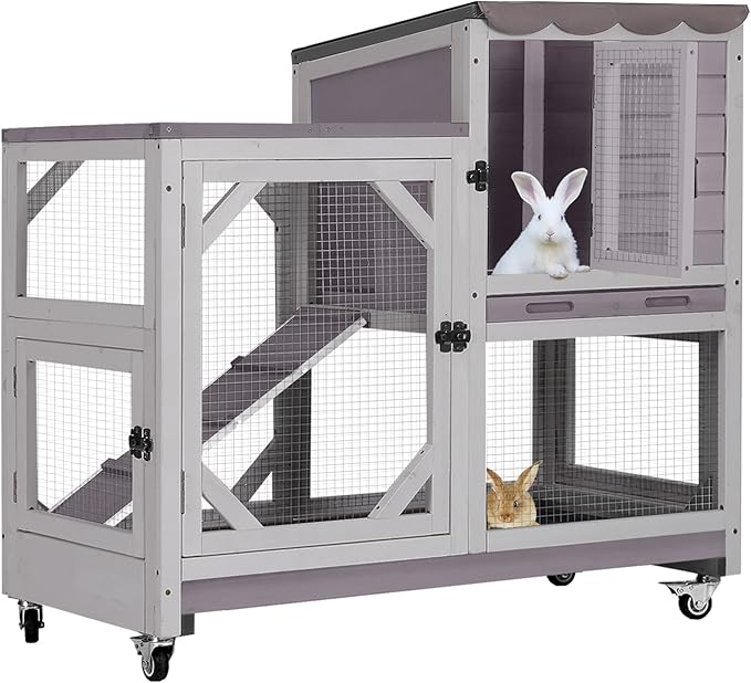 Large Rabbit Hutch Indoor Outdoor, 2-Tier Bunny Hutch with Wheels and Waterproof Roof, Wooden Guinea Pig Cage with Leak-Proof Pull-Out Trays, Multi-Door Bunny Cage for Small Animals-Grey