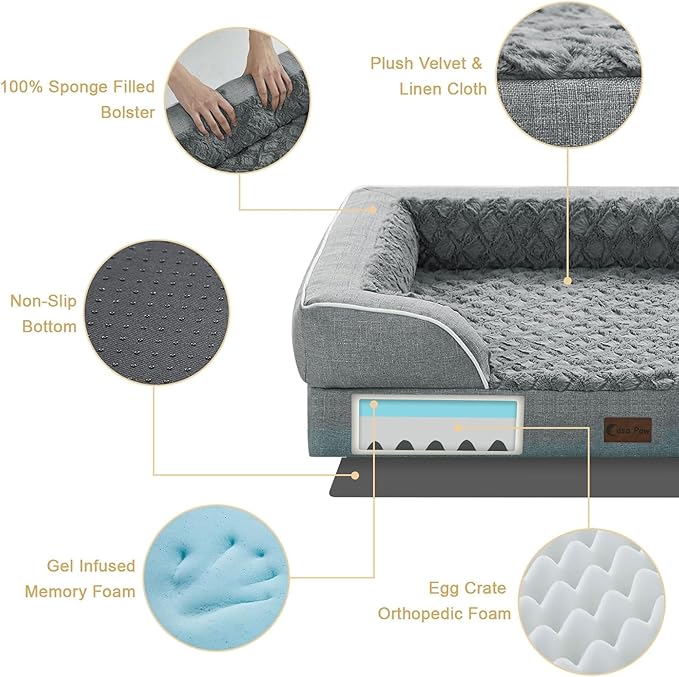 Orthopedic XL Dog Beds, Waterproof Memory Foam Big Bolster Pet Bed for Extra Large Sized Dogs 45x35Inch, Non-Slip Bottom and Egg-Crate Foam Dog Couch Bed with Washable Removable Cover, Grey
