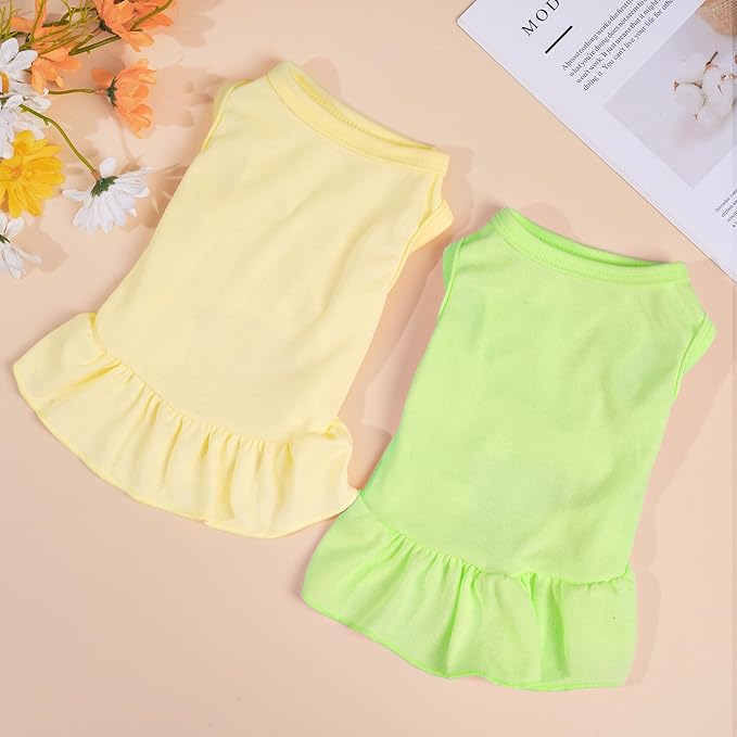 2 Pcs Dog Dresses Cat Skirt Solid Color Dog Clothes Summer Sleeveless Puppy Girl Clothes for Small Pet Dogs Cats (Yellow,Green, Small)