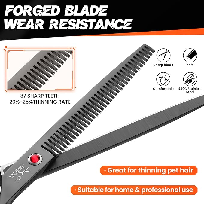 JASON 7" Dog Grooming Scissor - Professional Thinning Shear with 37 Teeth Japanese Stainless Steel Blender Scissors for Dogs, Cats and Other Pets (Thinning, Black) Christmas Gift