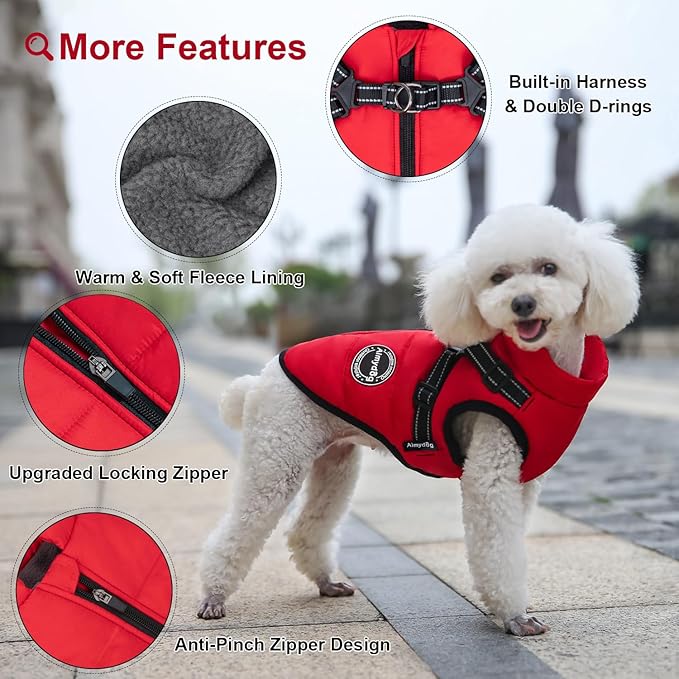 Warm Dog Winter Coat, Fashion Sports Dog Cold Weather Jacket with Built-in Harness, Reflective & Adjustable Comfortable Pet Vest, Windproof Apparel for Small Medium Large Dogs (Red)