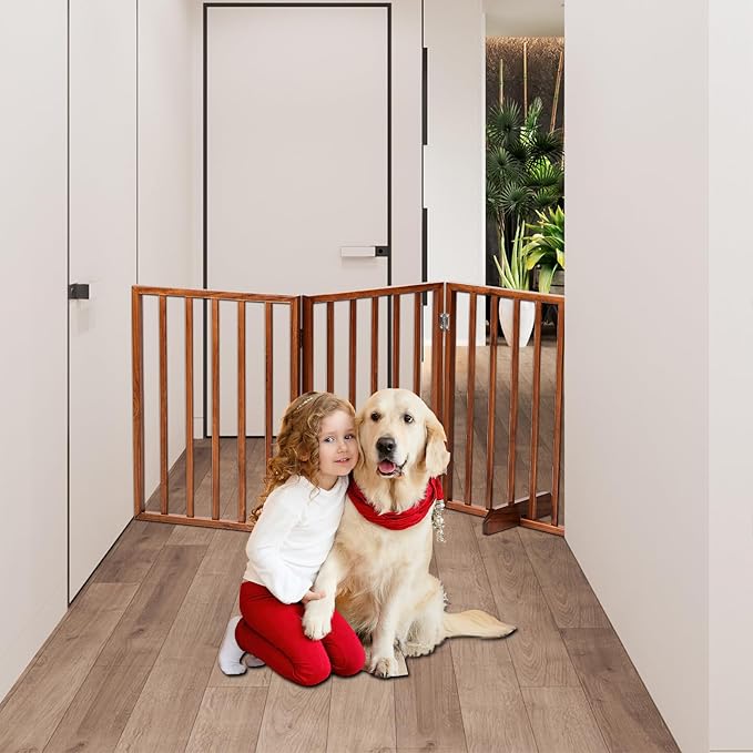 BONNLO Free Standing Dog Gate Indoor, Foldable Pet Gate for Dogs and Puppy, 24" Height Wooden Dog Gates for Doorways Extra Wide/Stairs/Hallways (Brown, 4 Panel)