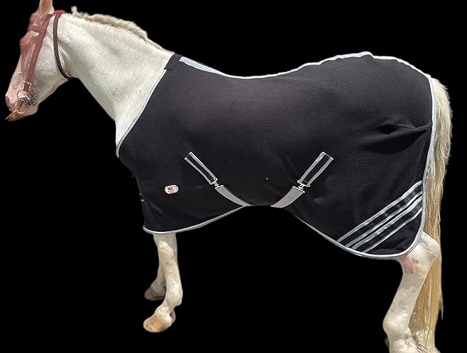 Majestic Ally Anti Pill Fleece Horse Blanket /Sheet with Silver Braided Rope (Black, 70)