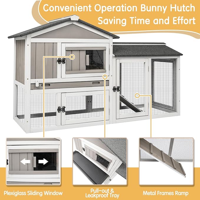 Gowoodhut Rabbit Hutch Indoor Outdoor 57 "L Bunny Hutch with Pull Out Tray,2 Story Wooden Rabbit Cage with Asphalt Roof,Guinea Pig Cage with Ventilation Doors,Ramp for Small Animals(Grey)