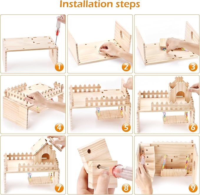 Wooden Hamster Hiding Place, Hamster Cabin with Ladder, Swing Platform Decoration, Detachable Small Animal cage Accessories, Suitable for mice, Sand Rats and Other Small Pets