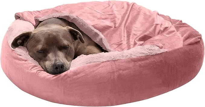 Furhaven 27" Round Calming Donut Dog Bed for Medium/Small Dogs, Washable, For Dogs Up to 45 lbs - Plush Velvet Waves Hooded Donut Bed - Rose Pink, Medium
