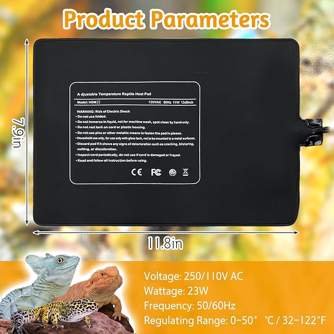 Hamiledyi Reptile Heating Pad 23W, Waterproof Under Tank Heater Mat 8x12 Inch for 30-40 Gallon Terrariums, Safe Heat Mat for Bearded Dragons, Leopard Geckos, Hermit Crabs, Snakes & Lizards