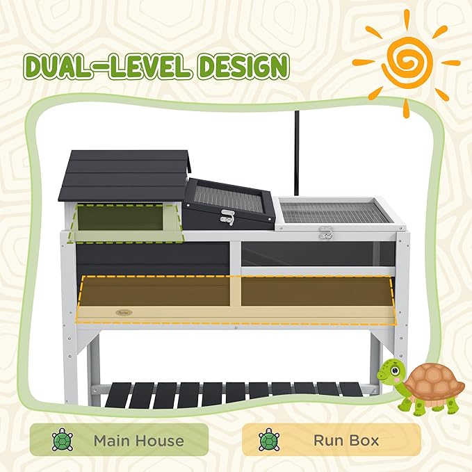 PawHut Tortoise Habitat with Adjustable Lamp Holder, 2 Layer Tortoise Enclosure with Storage Shelf, Removable Main House, Fixed Tray, Openable Lid, Gray