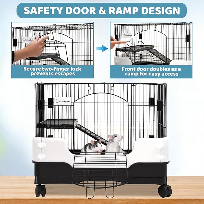 Homey Pet 2-Level Rat Cage, Small Animal Cage for Gerbil, Guinea Pig, Hamster, Chinchilla with Anti-Spray Urine Guard, Paw-Safe Mesh Floor, Removable Tray, 4 Lockable Wheels, Ramp & Platform, Black