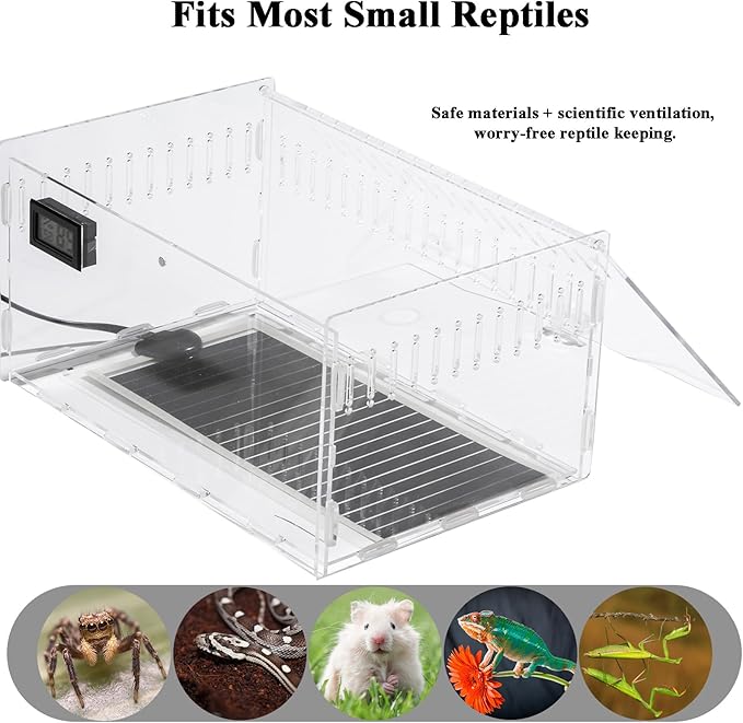 Pet Terrarium Set, Acrylic Reptile Tank with Heating Pad and Hygrometer, Clear Rectangular 12x8x6Inches, Waterproof Modern Design for Small Pets