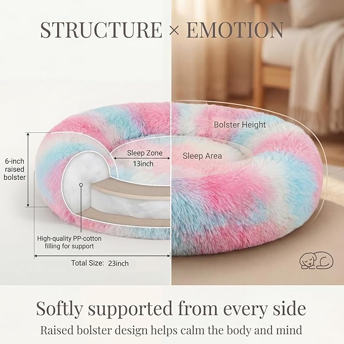 Calming Donut Dogs Beds for Small Dogs Washable,23inch Plush Round Pet Bed for Cozy Sleep,Fluffy Faux Fur Large Cat Bed,Fits up to 25 lbs Pets,Multi Colored