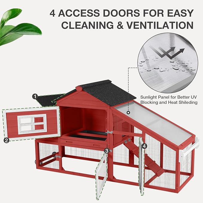Wooden Chicken Coop with Run, Mobile Chicken House with Wheels, Outdoor Hen Poultry Cage with Leak-Proof Tray and Nesting Box, Lager Chicken Coops with UV-Resistant Roof for 2-3 Chickens (Red)