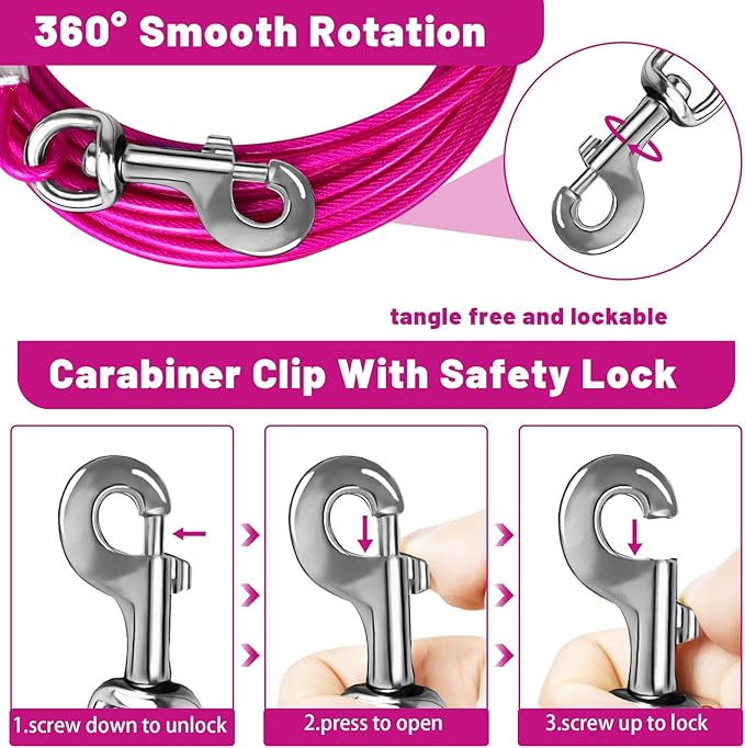 Dog Tie Out Cable 10/15/20/25/30/50 FT Runner for Yard Steel Wire Cable Pink Dog Chains for Outside Dogs Lead for Large Dogs Up to 165 lbs