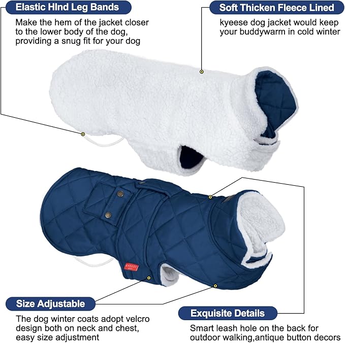 KYEESE Dog Coat Waterproof Dogs Jacket with Fleece Lined Windproof Dog Coats for Small Dogs Thick Pets Clothes with Pocket Soft Pet Sweater for Cold Weather Warm Pet Winter Puffer Coat with Leash Hole