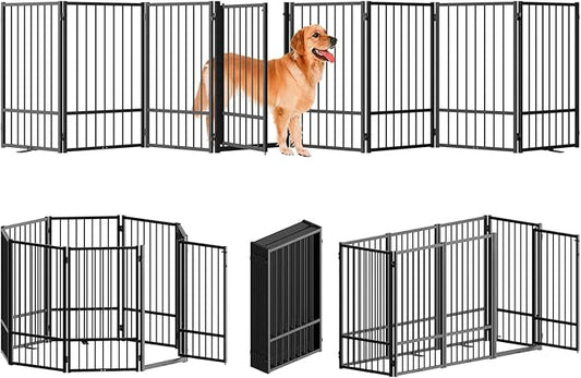 SNUOWU Full Metal Freestanding Dog Gate with Door, 36''Height Foldable Pet Dog Fence for Indoor & Outdoor, 8 Panels Extra Wide Free Standing TallDog Gates for Doorways,House,Stairs,Porch,Deck,Yard