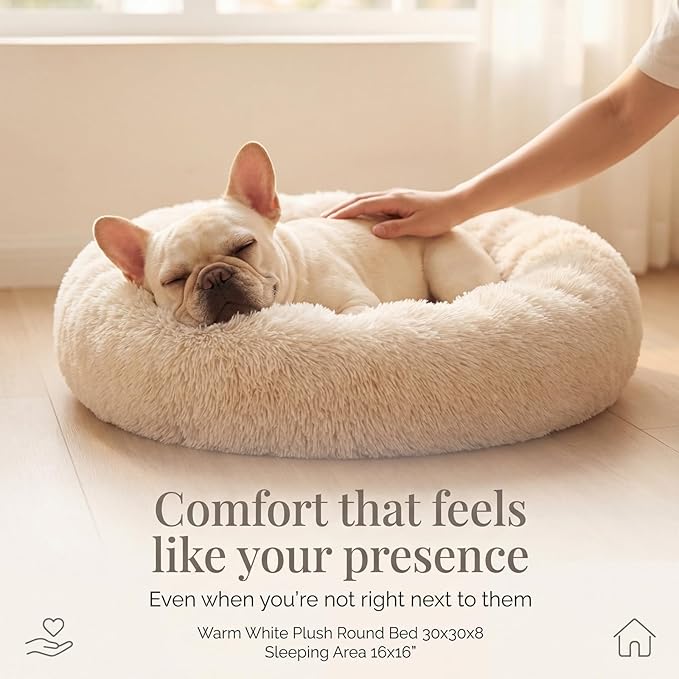 Calming Donut Dogs Beds for Small Dogs Washable,28inch Plush Round Pet Bed for Cozy Sleep,Fluffy Faux Fur Large Cat Bed,Fits up to 30 lbs Pets,Beige