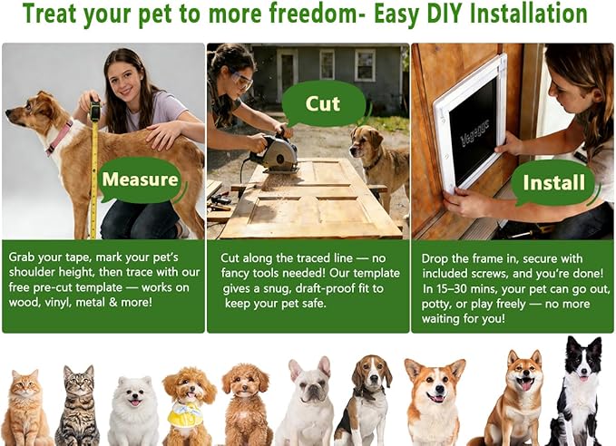 Pet Door Dog Door Easy Install - Wood & PVC Doors & Walls，Cat Door Free Movement & Strong Magnetic Auto-Close & Sliding Lock,Telescoping Frame,5 3/4" x 9 1/3" for Small Dogs Cats Up to 15 lb