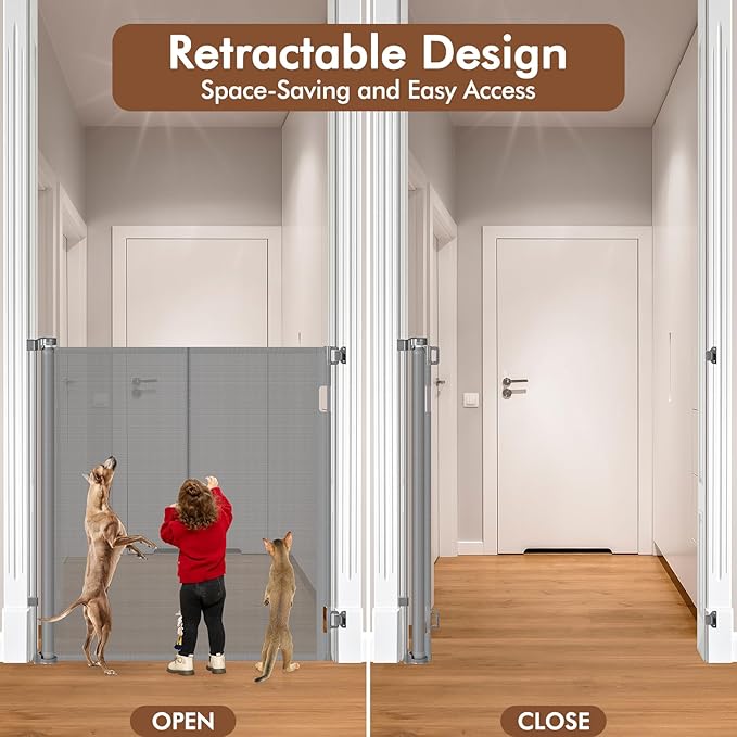 Reinforced 48" Extra Tall Dog Gate with Support Rods, 4 Ft Tall Retractable Dog Gates for Doorways 55" Wide Mesh Baby Gate for Cats - Prevent Baby/Pet from Jumping Over, Gray