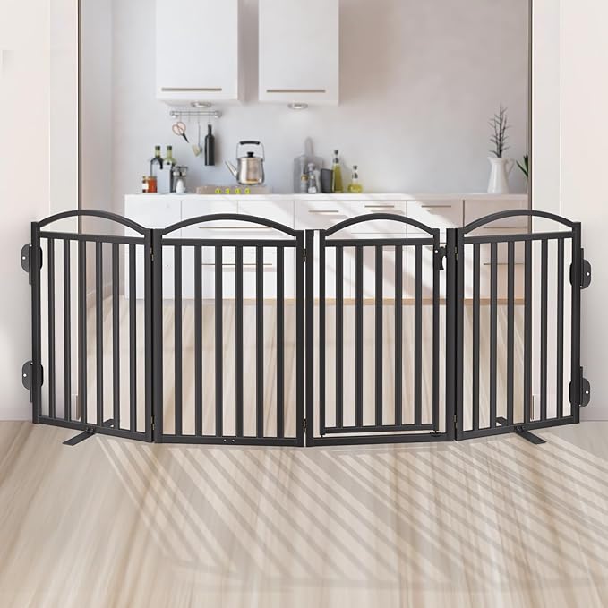 Malier Metal Freestanding Dog Gates with Door, 32'' Height Outdoor Indoor Dog Fences, Extra Wide Foldable Puppy Gate for Stairs (Black, 【4 Panels with Door】 80''W × 32''H)