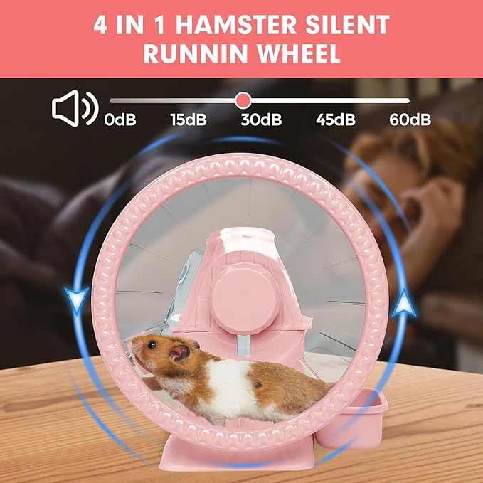 Hamster Toys 4 in 1 Multifunctional Super-Silent Exercise Toys Spinner Wheels with Water Bottle Food Container and Hideout Base Large Spinning Running Wheel for Rat Gerbils Mice (L,Pink)