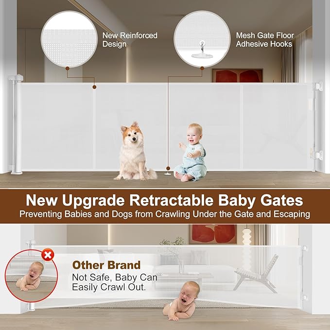 Miumoon 200 inch Retractable Baby Gates 42 inch Tall, Retractable Gate with Reinforced Strip Design to Prevent Crawling Through, 16 FT Outdoor Retractable Gates, Extra Wide Retractable Gate for Garage
