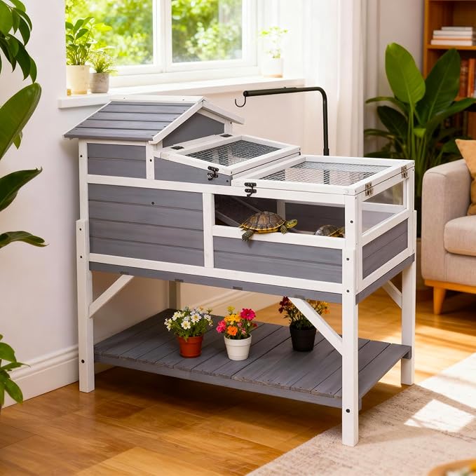 GEGURI Tortoise Habitat House Indoor Outdoor, 3-Room Wooden Turtle Enclosure Reptile Cage with Shelf Storage, Balcony & 2 Stories for Small Animals