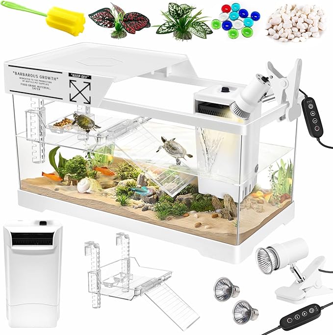 GOZILLA Aquatic Turtle Tank Kit+Lamp+Filter, Upgrade PC Turtle Tank Starter Kit with Adjustable Lamp & Filter,Reptile Habitat with Lid,Hanging Platform for Small Reptiles.(19.68×9.52×9.44''/White Kit)