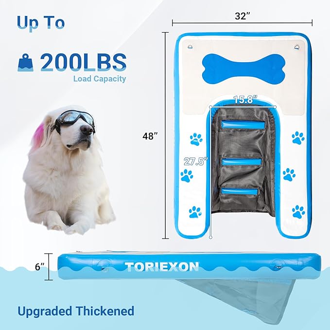Inflatable Dog Boat Ramp 48"x32", Upgraded Pool Ramp for Dogs, Supports Up to 200 lbs, Stable & Durable Non-Slip Surface, Ideal for Pools, Lakes & Beaches