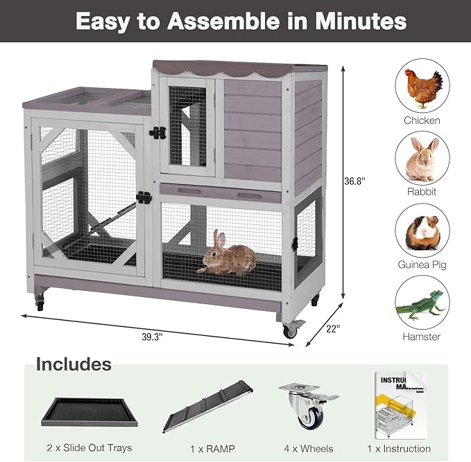 Large Rabbit Hutch Indoor Outdoor, 2-Tier Bunny Hutch with Wheels and Waterproof Roof, Wooden Guinea Pig Cage with Leak-Proof Pull-Out Trays, Multi-Door Bunny Cage for Small Animals-Grey