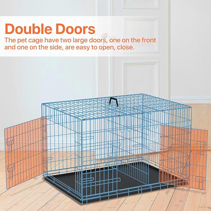 Dog Crate for Large Medium Small Dogs, Folding Dog Kennel Cage with Plastic Tray & Divider 48"/42"/ 36"/ 30"/ 24" Indoor Outdoor Metal Double Door Heavy Duty Dog Pen Enclosure, Blue(36 Inch)